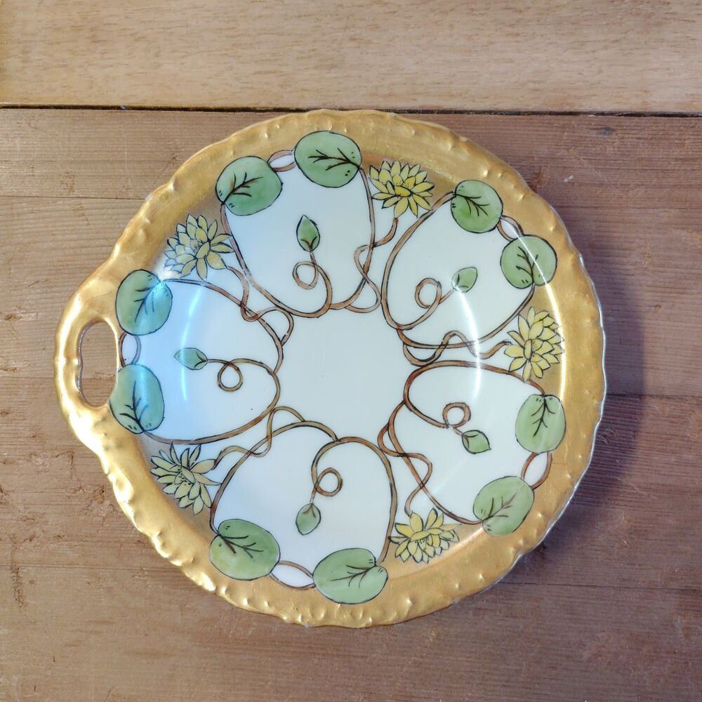Vintage Hand Painted Porcelain Trinket Dish Gold Rim Floral Art Nouveau Style